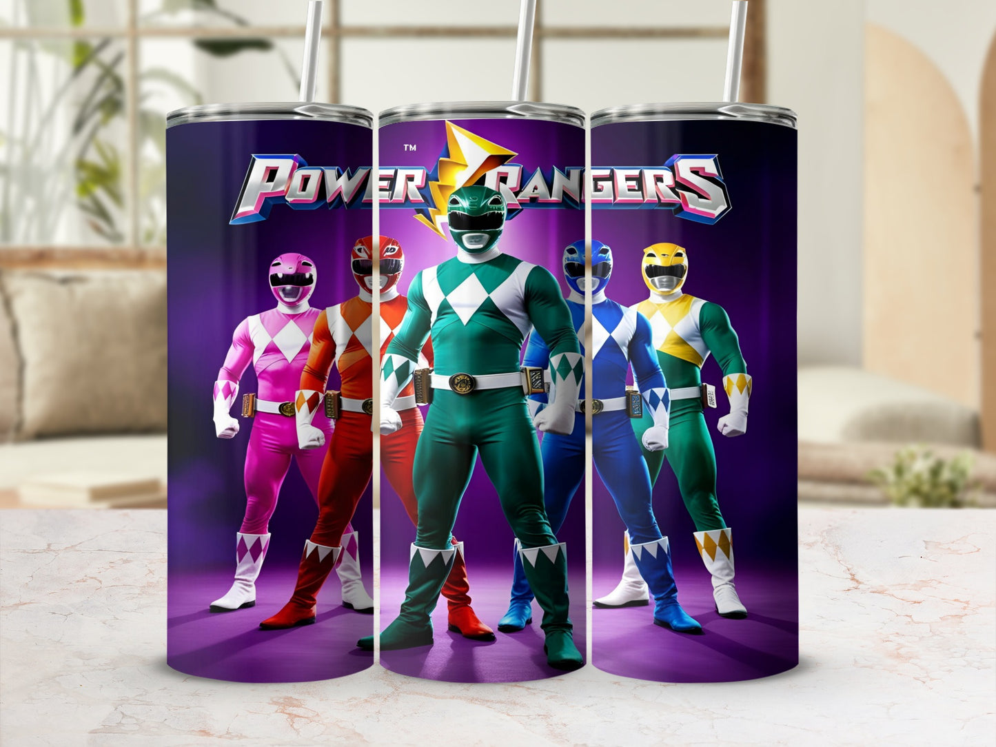 Five Power Rangers standing in a line, three in front, two behind.