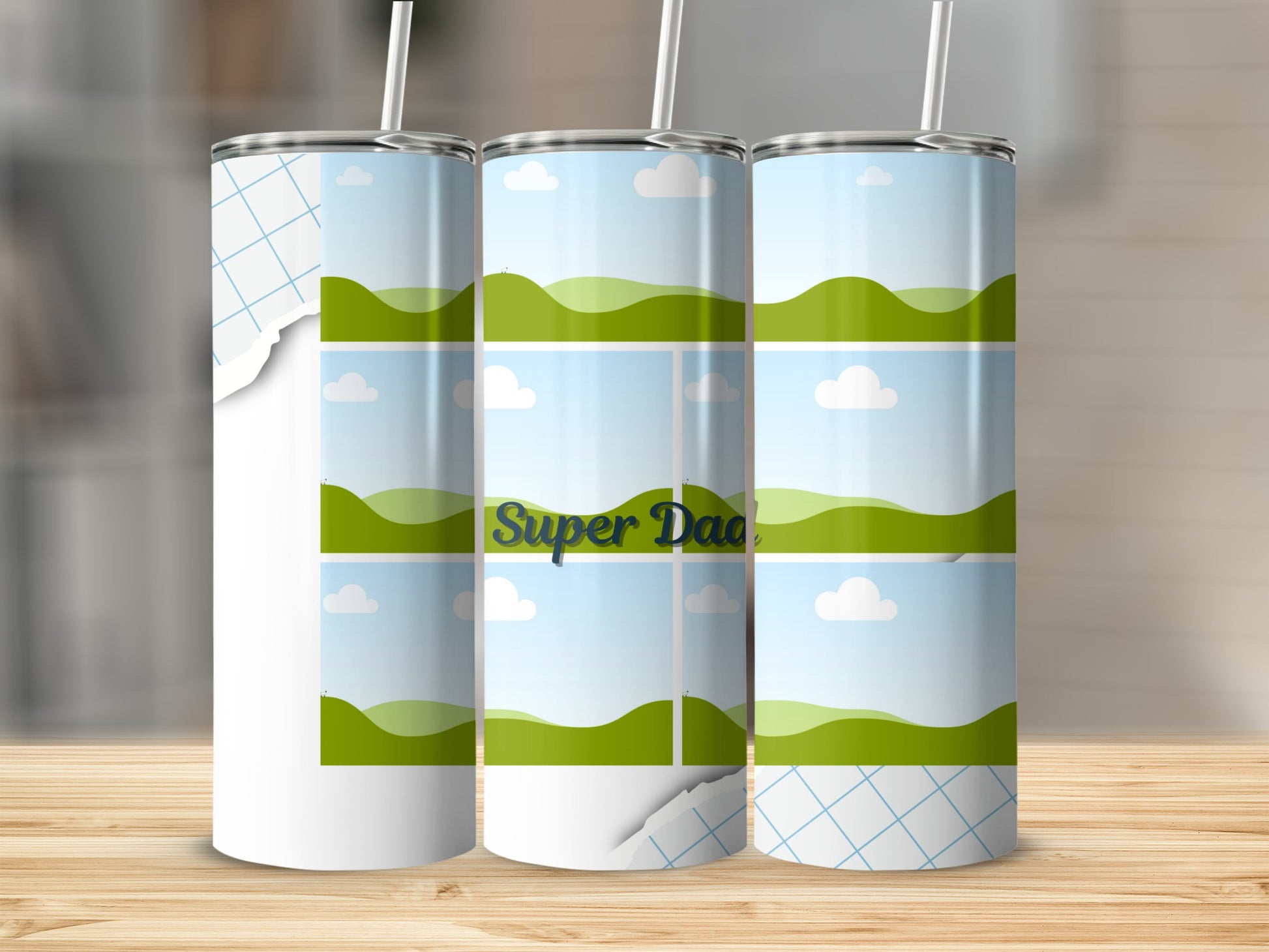 Three tumblers with a "Super Dad" graphic featuring a scenic landscape background.