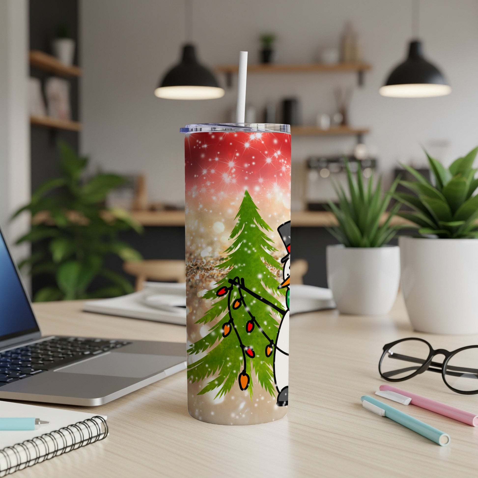 Snowman with Christmas lights on skinny tumbler with sparkling background.