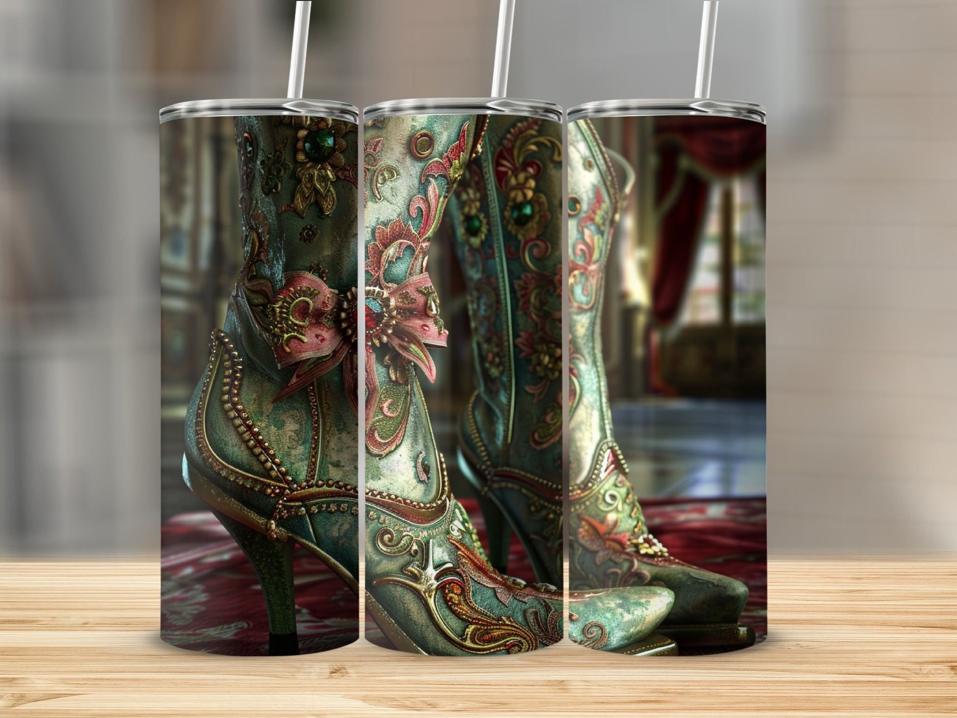 Ornate teal boots with intricate gold designs and pink bows, presented in a triptych.