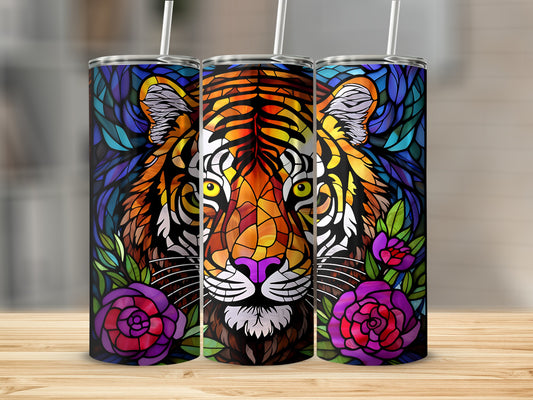 Stained glass tiger with roses on a tumbler.