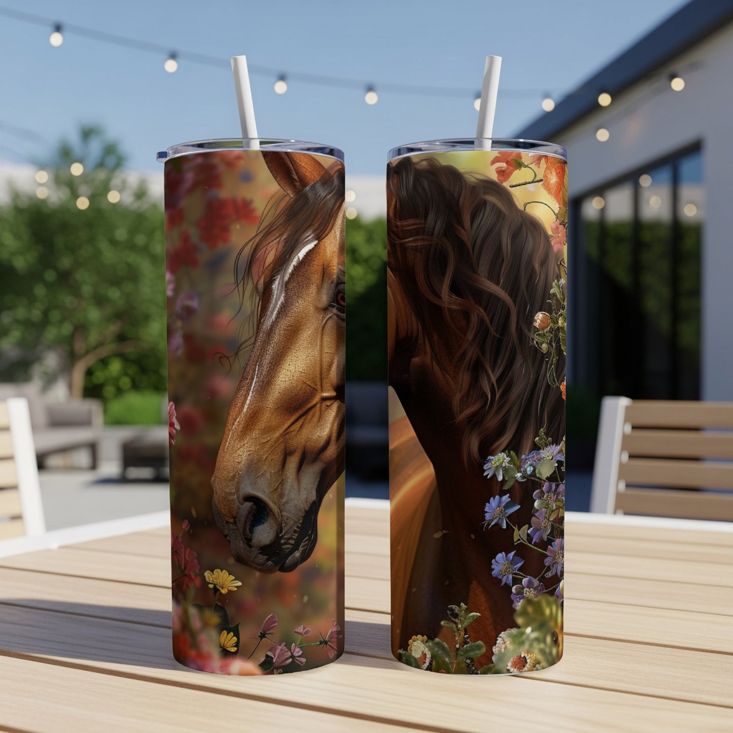 Two tumblers featuring a close-up portrait of a brown horse surrounded by flowers.