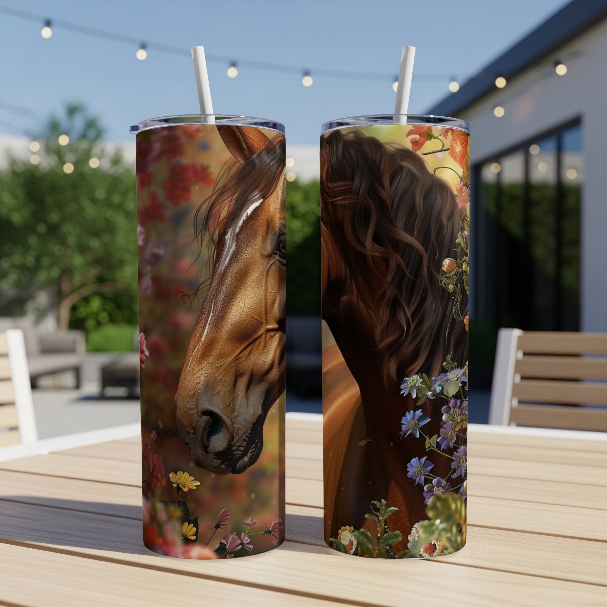 Two tumblers featuring a close-up portrait of a brown horse surrounded by flowers.