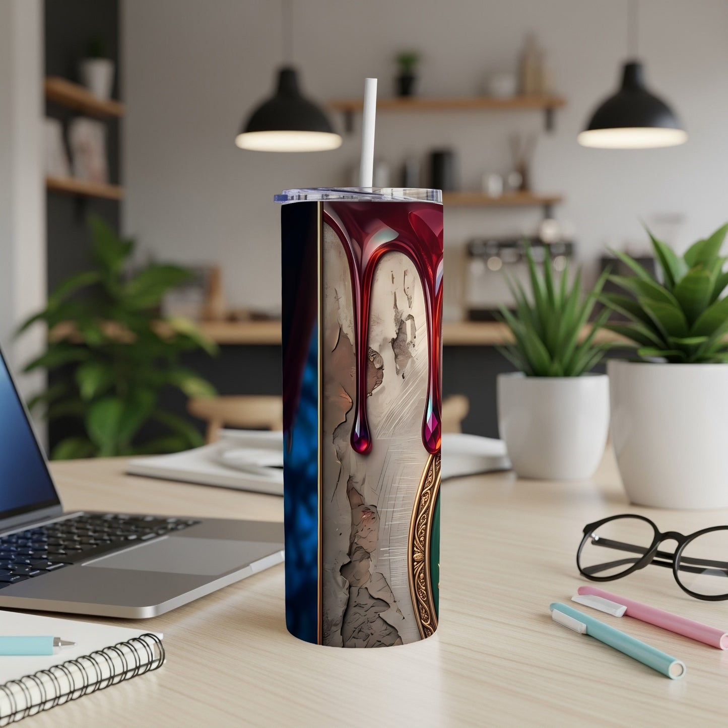 Tumbler with dripping red liquid design and distressed texture, placed on a desk.
