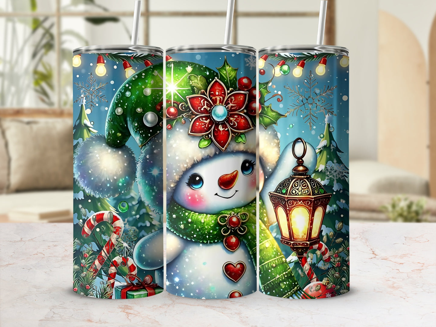 Festive Snowman with Lantern Christmas Scene Design Tumblers