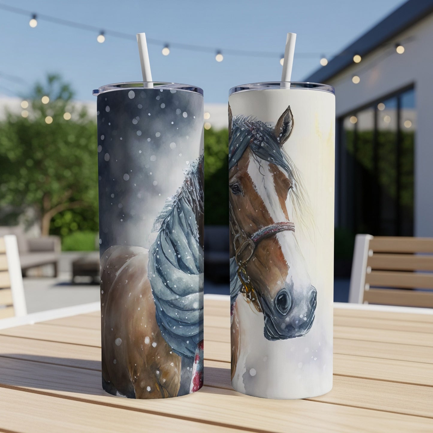 Brown and white horse wearing a scarf on a winter tumbler.