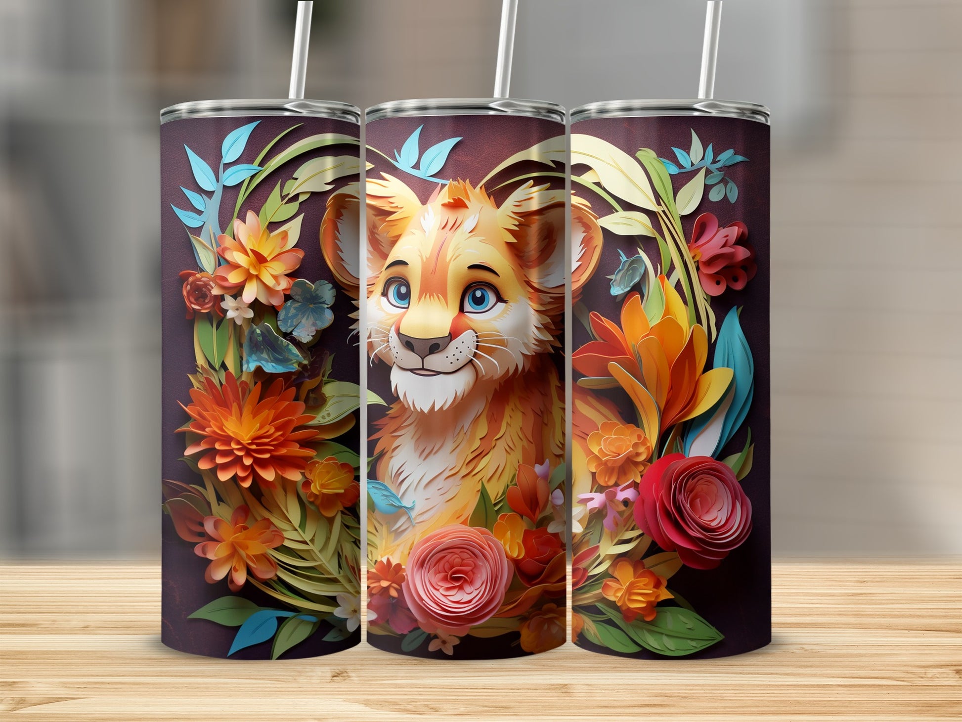 Colorful Floral Cute Lion Design Tumbler Cup