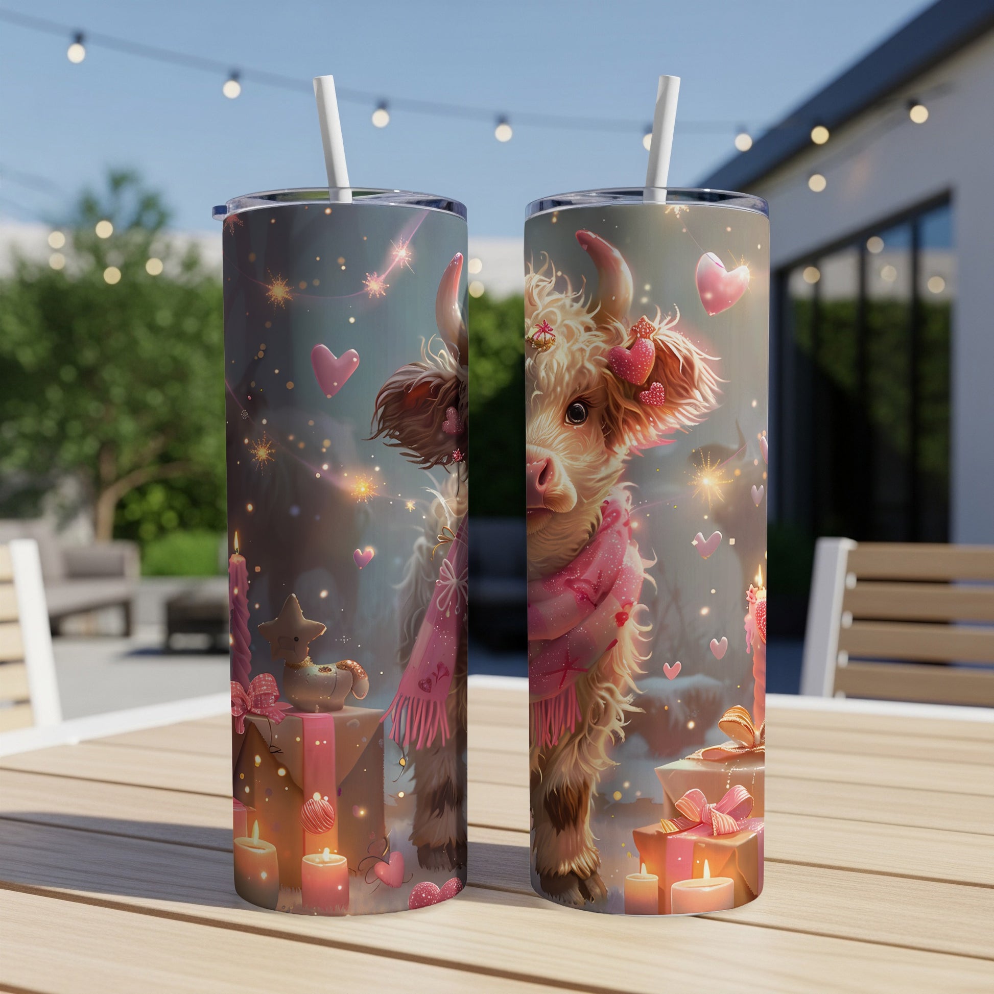 Fuzzy cow with pink scarf and hearts on a holiday gift tumbler.