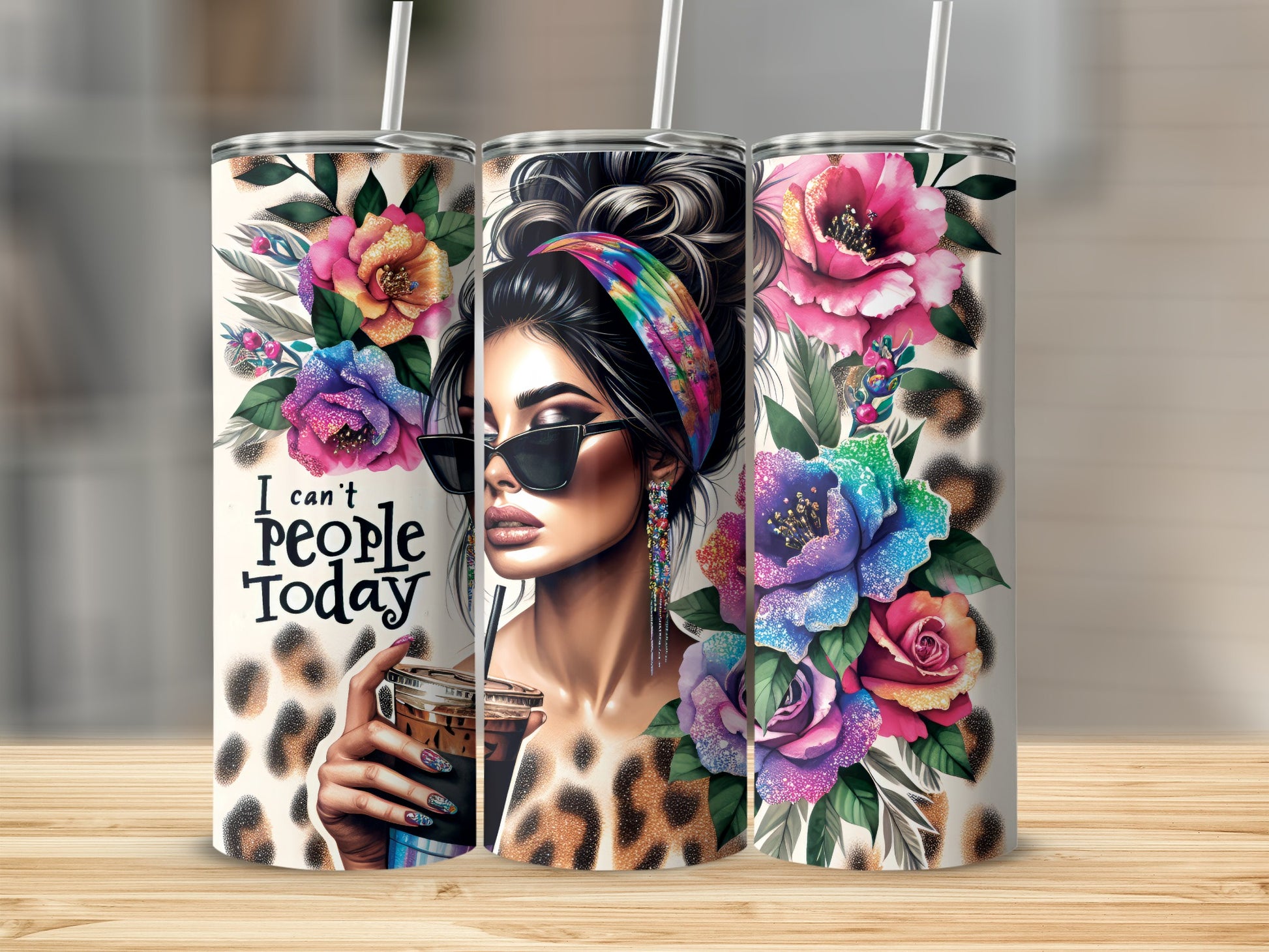 Tumbler with leopard print, sunglasses woman, and floral design.