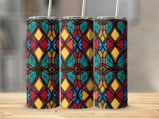 Tumbler with stained glass pattern, three triptych style.