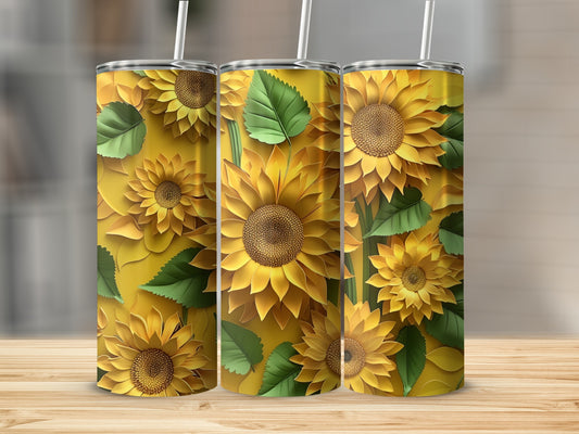 Three tumblers featuring a bright yellow sunflower and green leaf design.