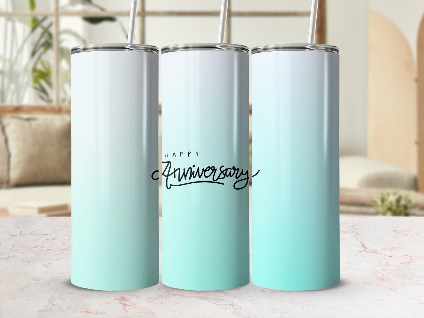 Gradient tumbler with "Happy Anniversary" text in script.