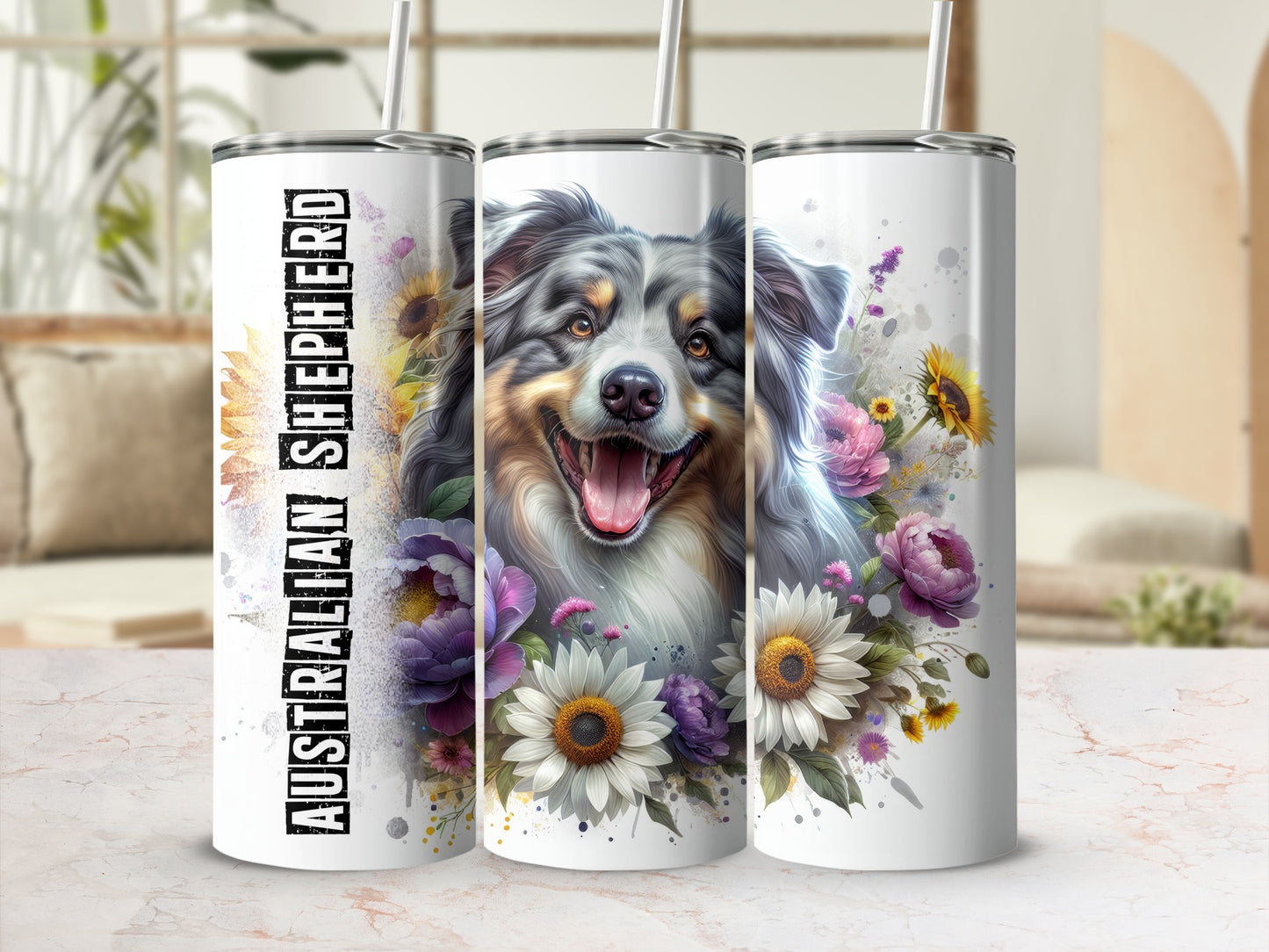 Australian Shepherd design on three tumblers with flowers.
