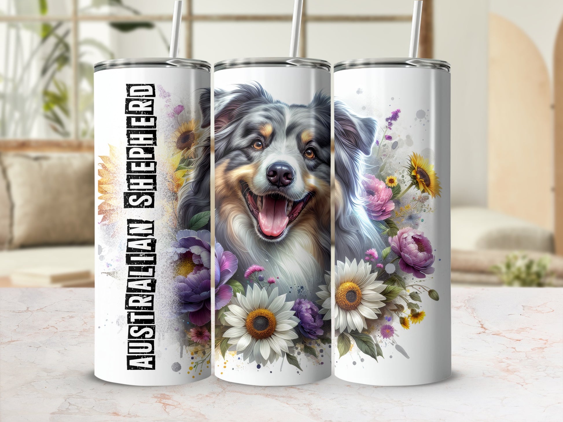 Australian Shepherd design on three tumblers with flowers.