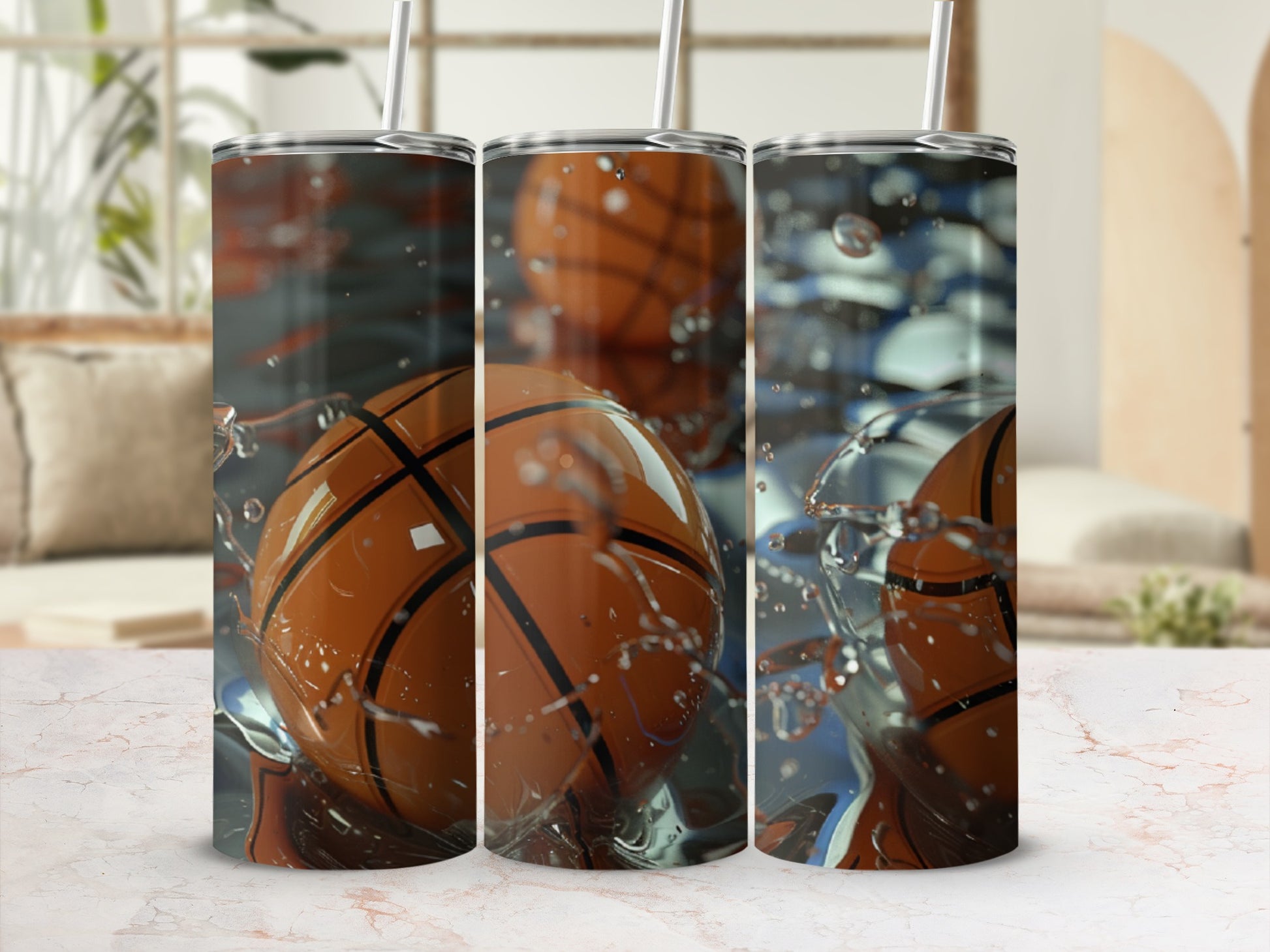 Three basketballs splash into water, with a blurred background.