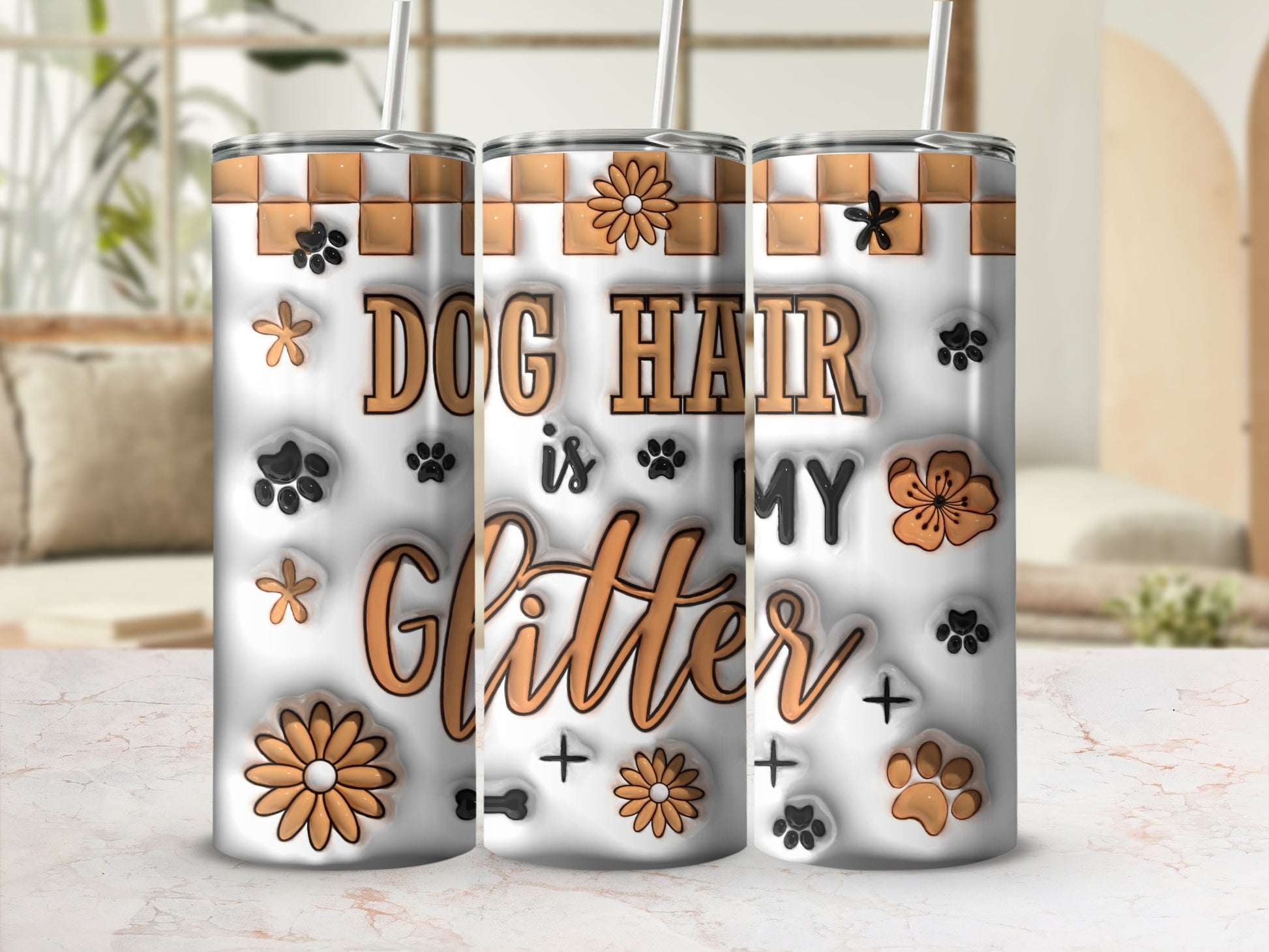 Tumbler with "Dog hair is my glitter" text and dog paw prints.