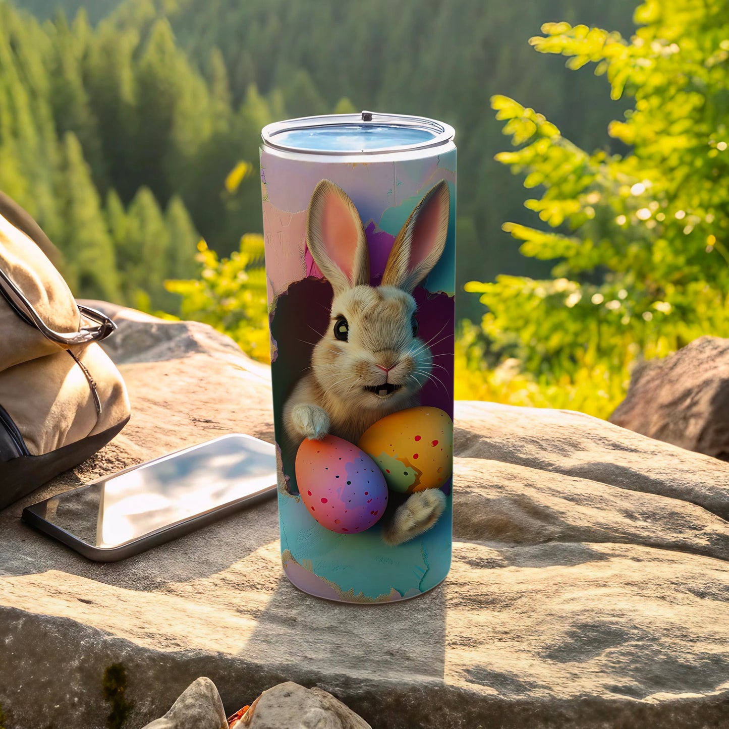 Bunny popping out of hole with Easter eggs on a tumbler.
