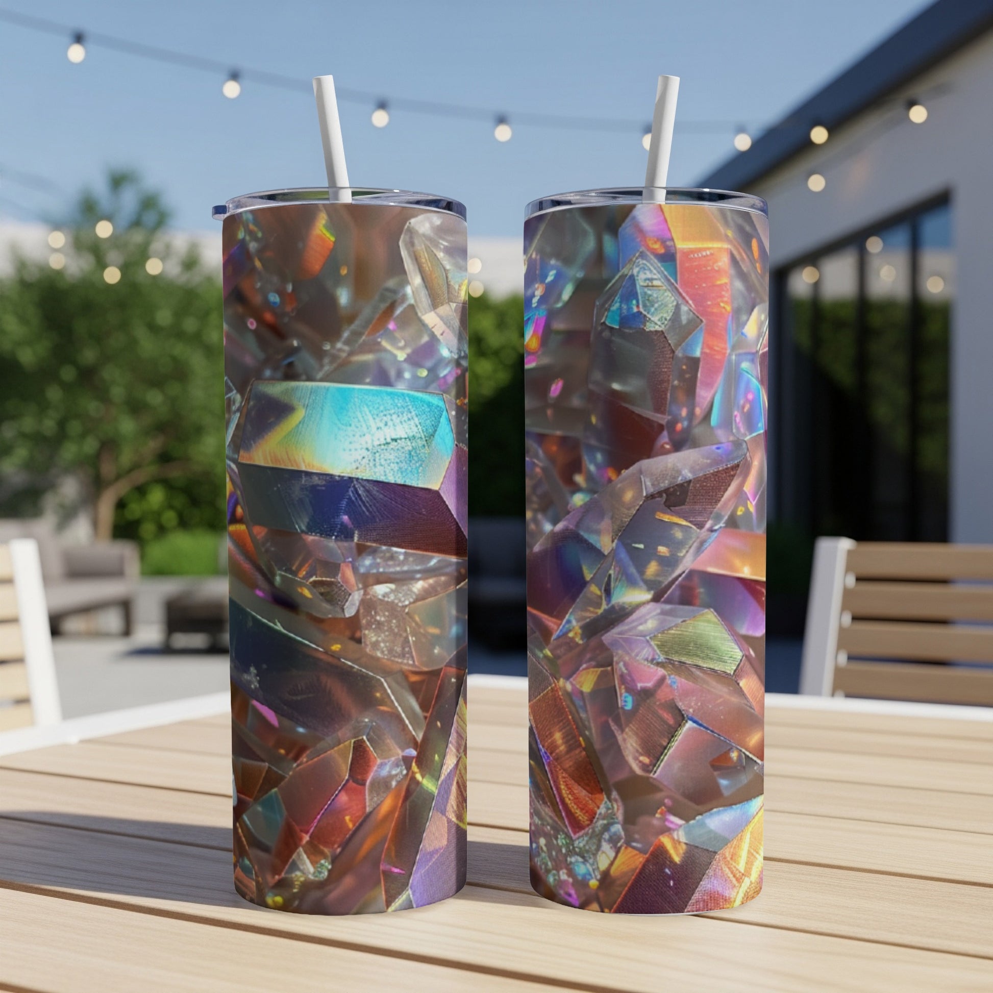 Two tumblers with iridescent, crystal-like patterns on an outdoor table.