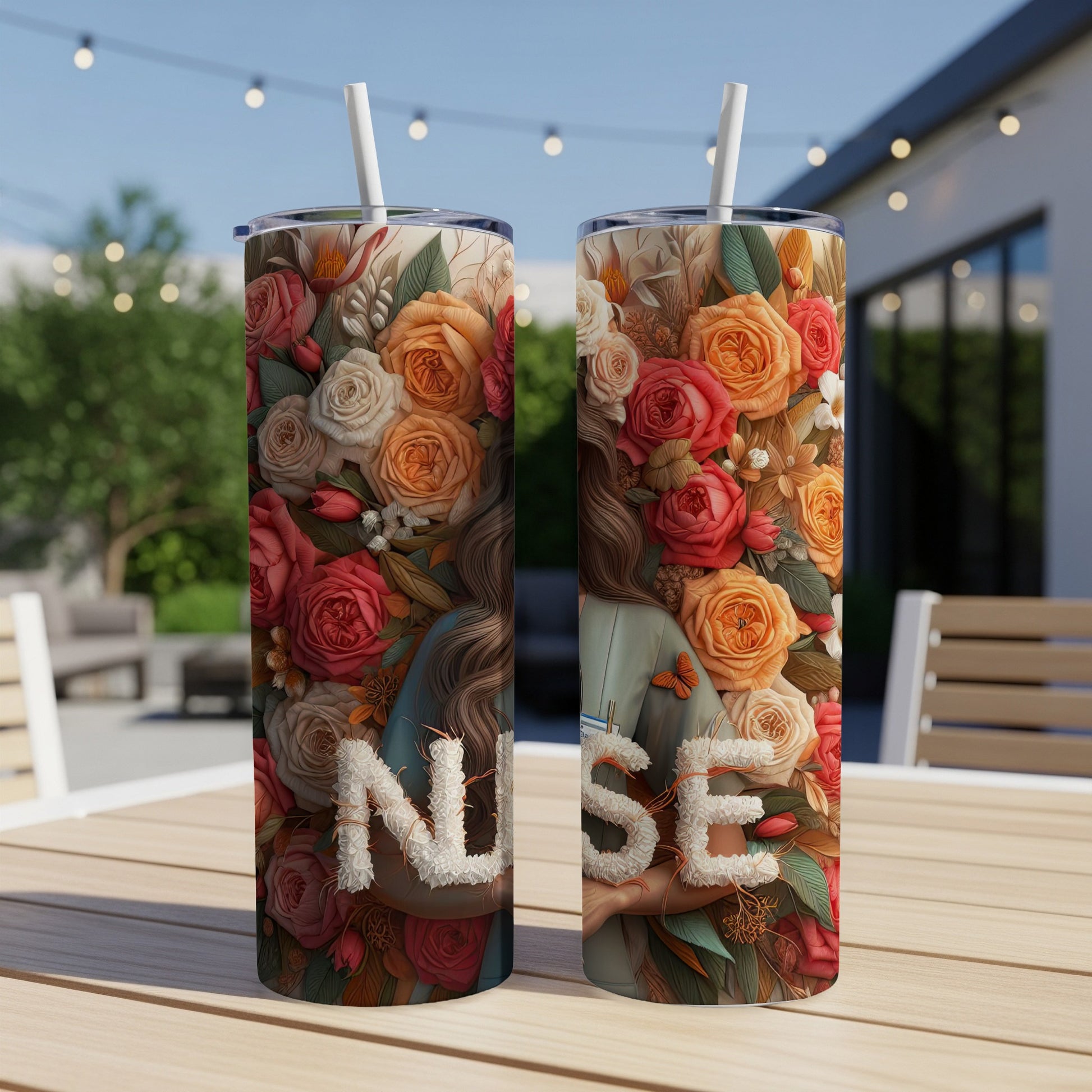 Two tumblers with floral "NURSE" text and woman figure against a blurred outdoor background.