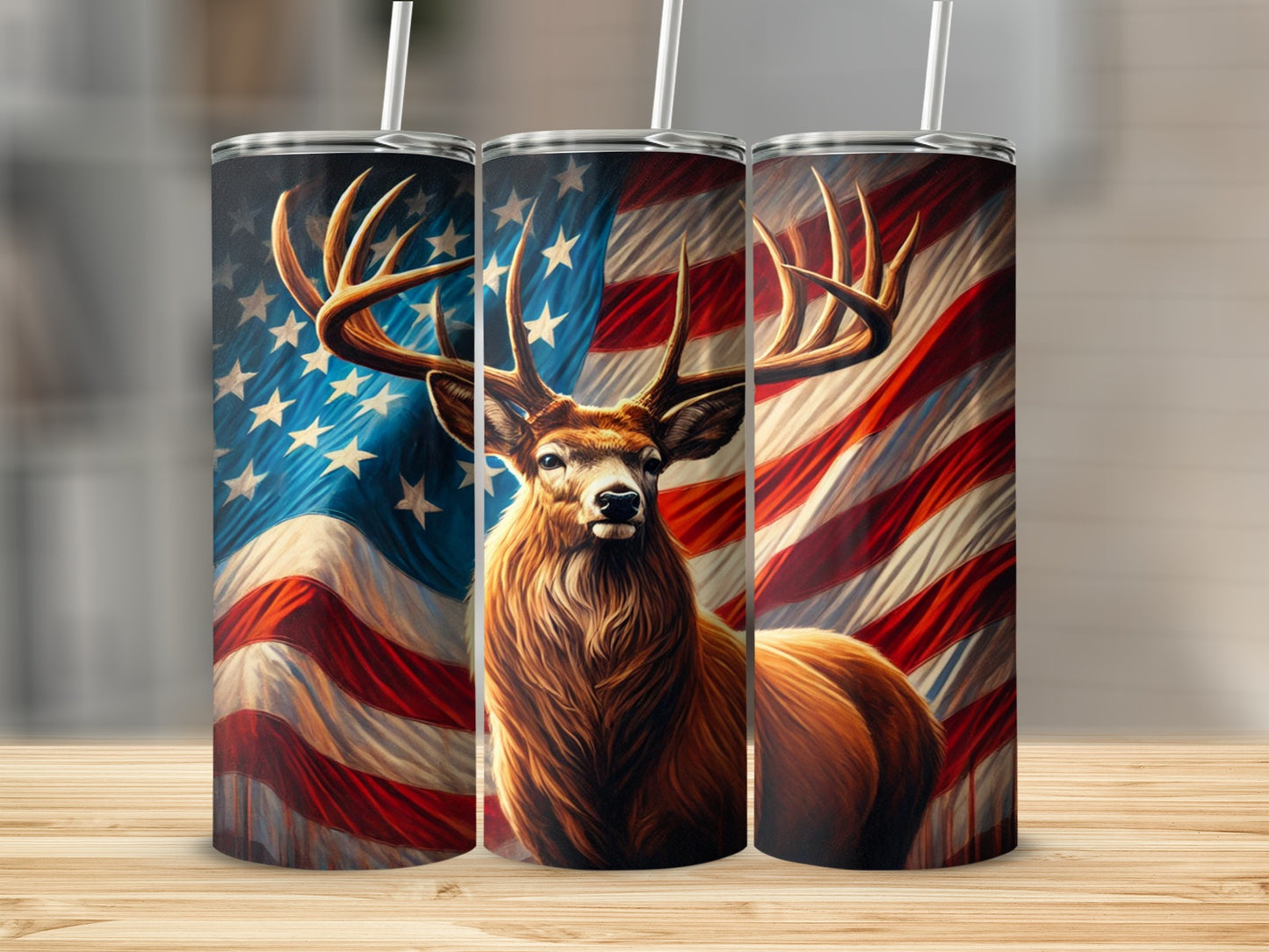 Patriotic Deer and American Flag Design Tumbler