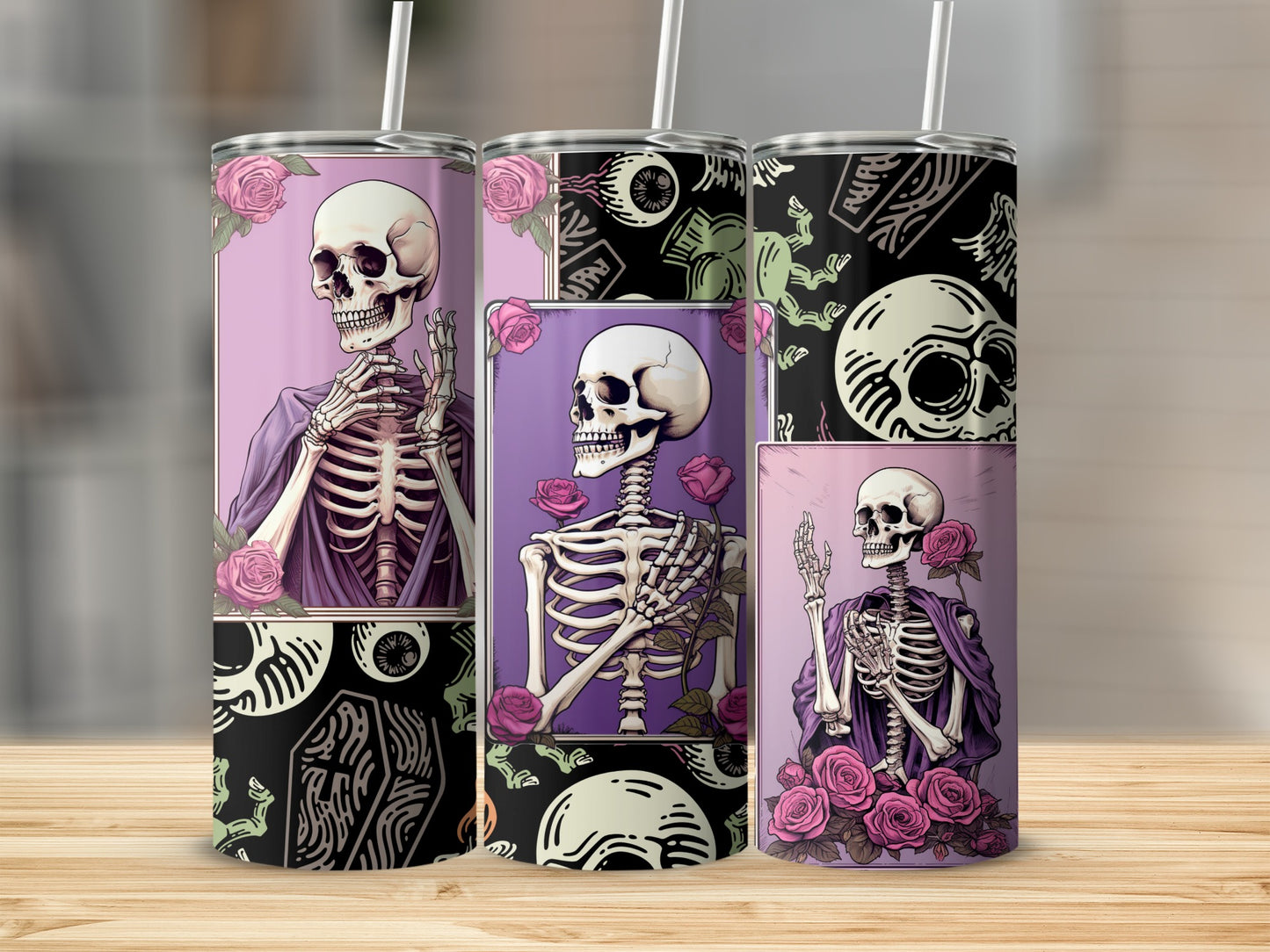 Skeleton and Roses Pattern Tumbler Cup Design