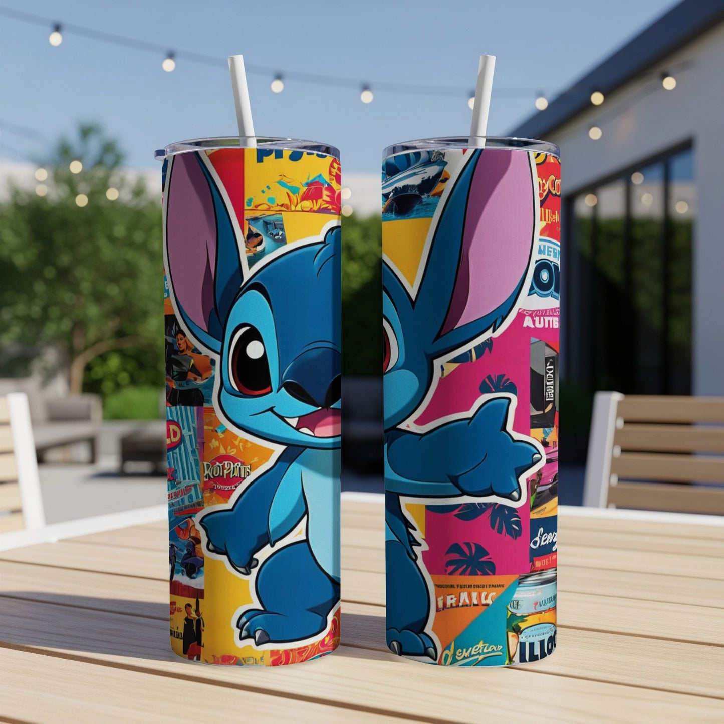 Blue Stitch character on a colorful collage print tumbler with straw.