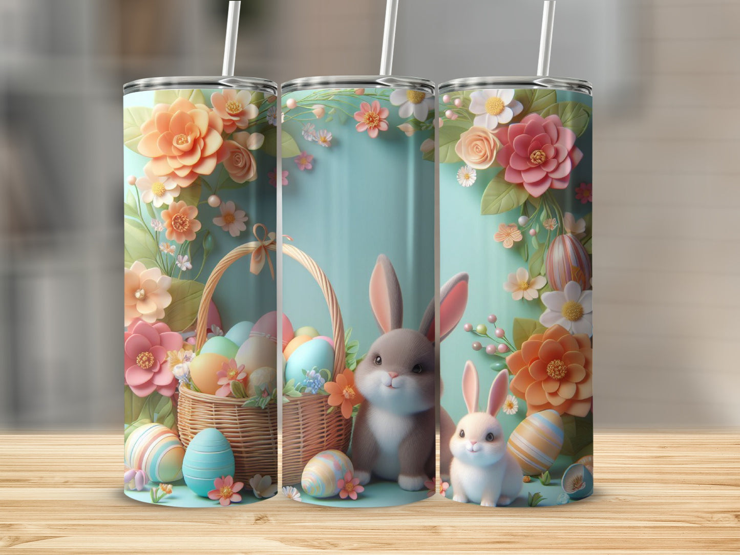 Easter basket with bunnies and flowers on a wooden surface.