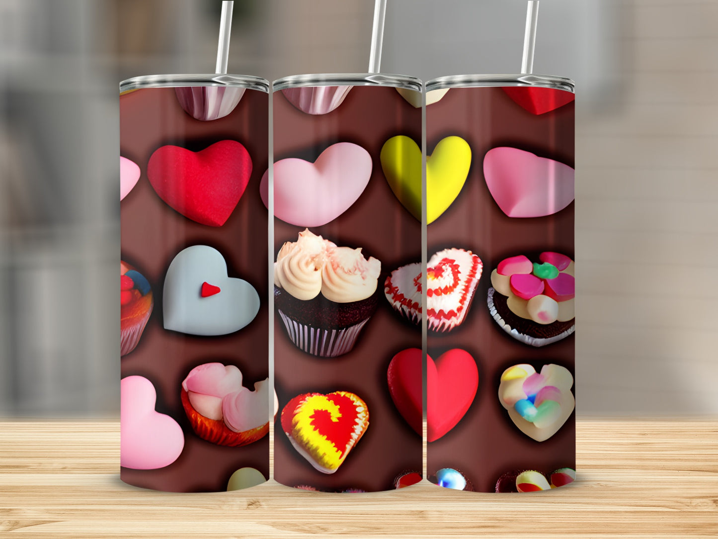 Assortment of heart-shaped candies and cupcakes with icing and sprinkles.
