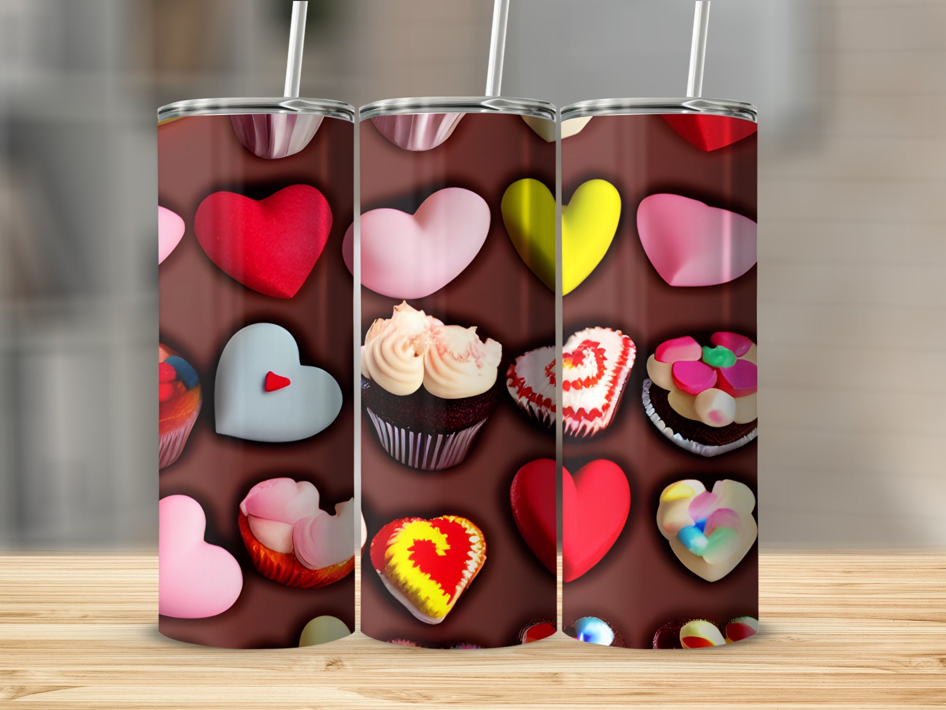 Assortment of heart-shaped candies and cupcakes with icing and sprinkles.