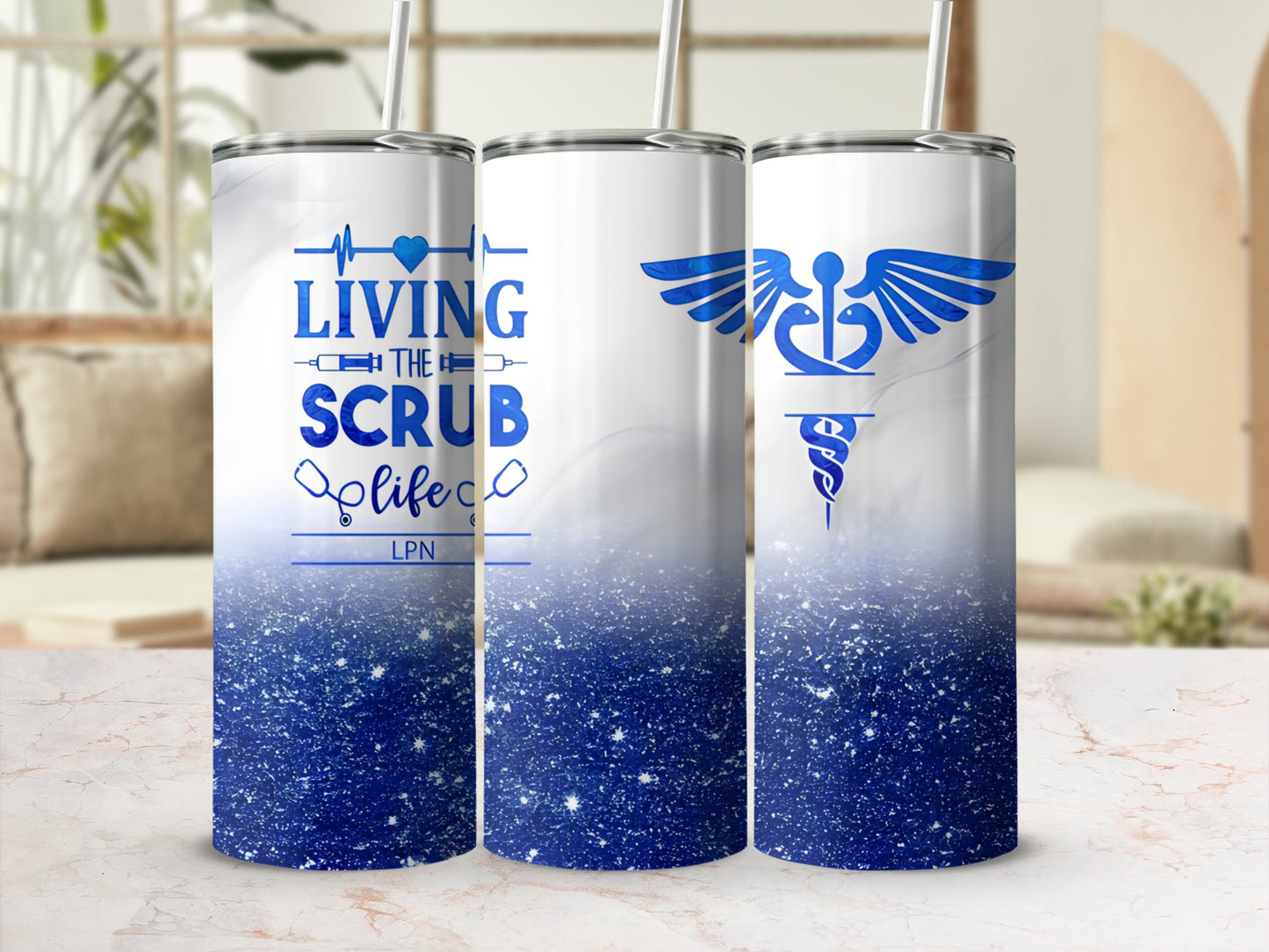 Three tumblers with glitter and medical caduceus symbols.