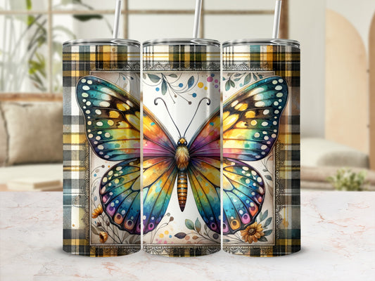 Colorful butterfly on plaid background tumbler mockup.