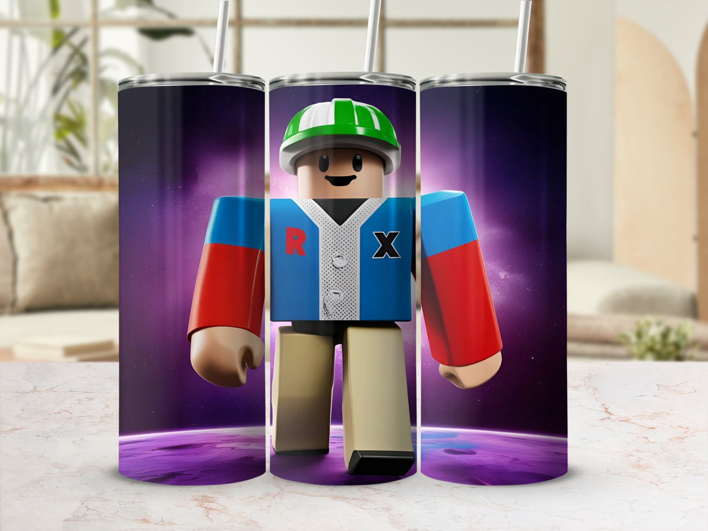 Roblox character in space on a colorful tumbler.