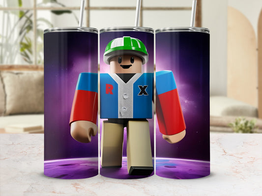 Roblox character in space on a colorful tumbler.