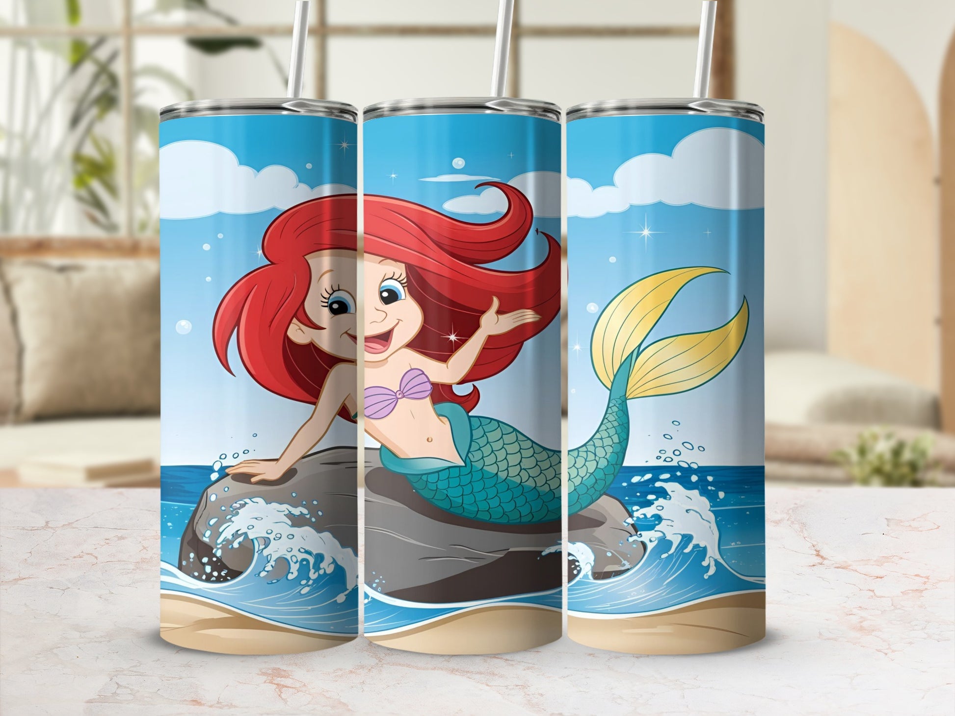 Cartoon mermaid with red hair sitting on a rock with waves.