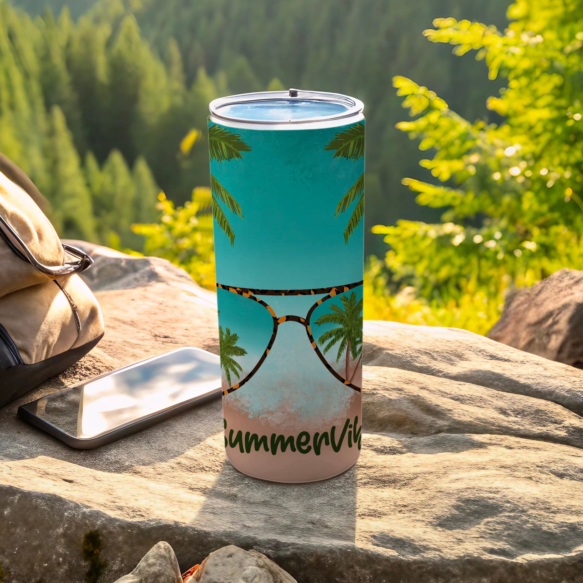 Tumbler with palm trees, sunglasses, and "Summer Vibes" text against a beach scene.