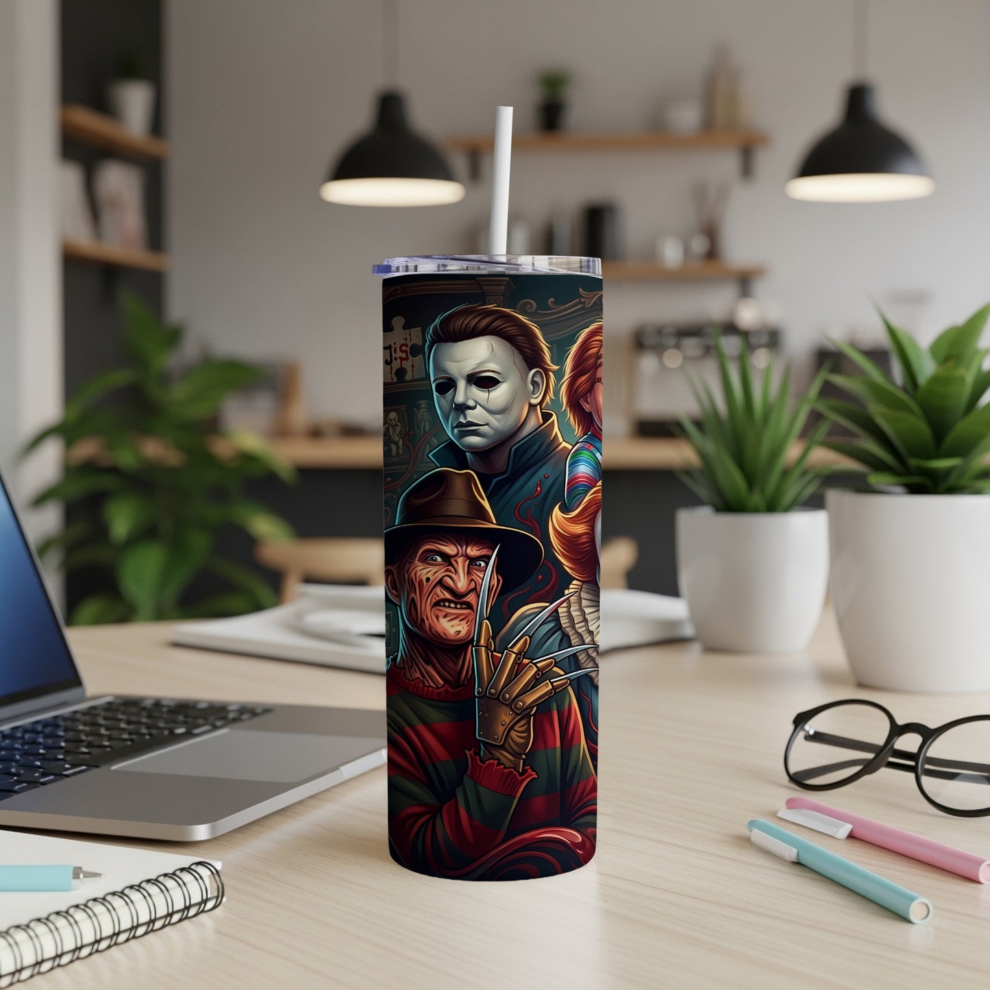 Tumbler with Freddy Krueger, Michael Myers, Chucky, and Pennywise illustrations.