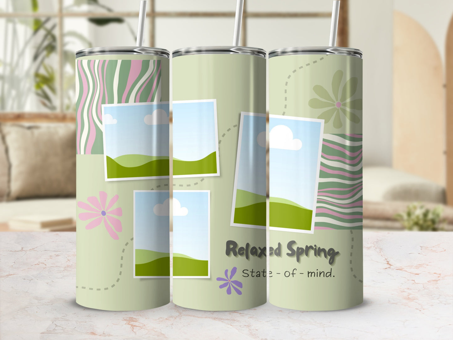 Three tumblers with a pastel green background, featuring floral and landscape motifs, with text.