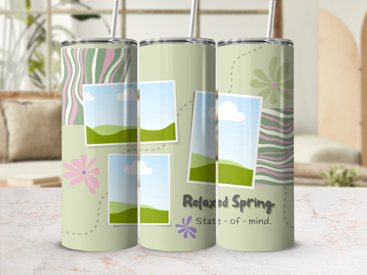 Three tumblers with a pastel green background, featuring floral and landscape motifs, with text.