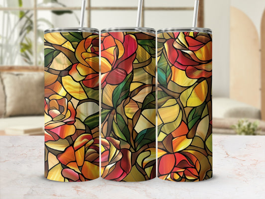 Three tumblers with a stained-glass rose pattern.
