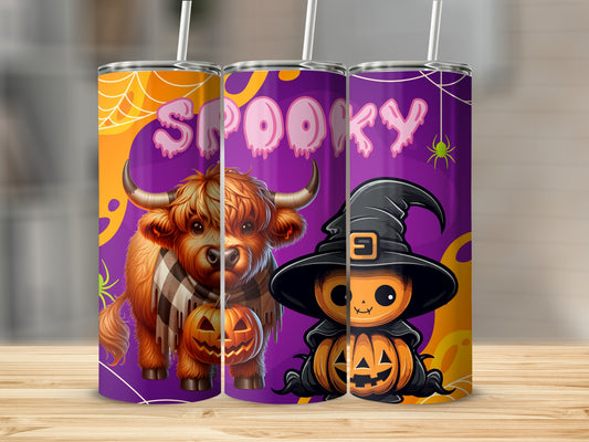 Spooky Highland Cow Pumpkin Witch Halloween Tumbler
