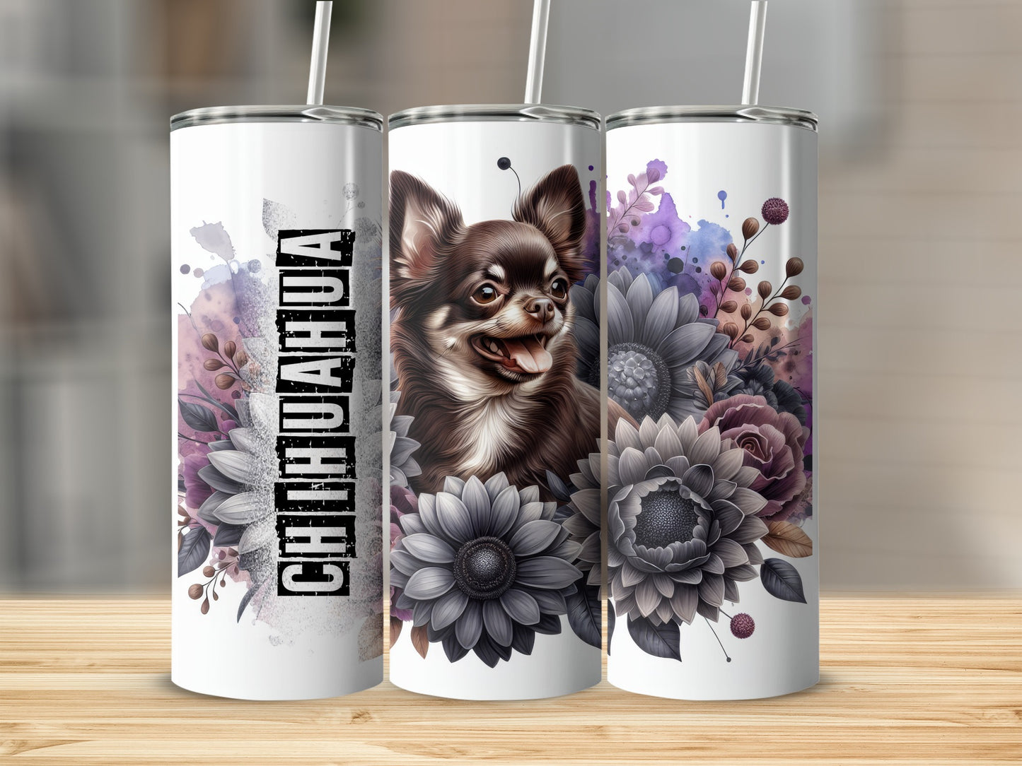 Three tumblers with chihuahua and floral designs, one with "CHIHUAHUA" text.