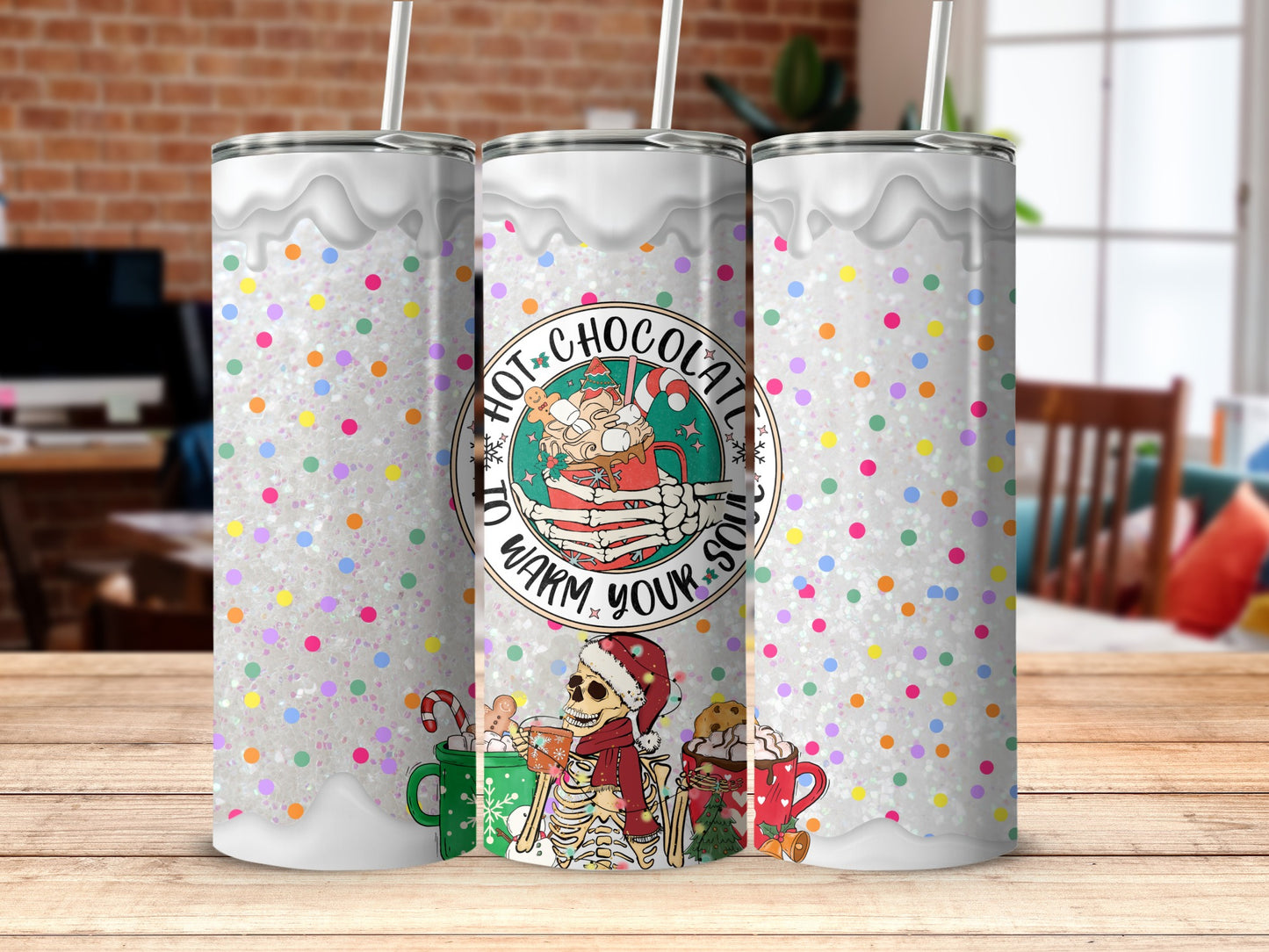 Hot chocolate themed tumbler with a skeleton wearing a Santa hat and scarf.