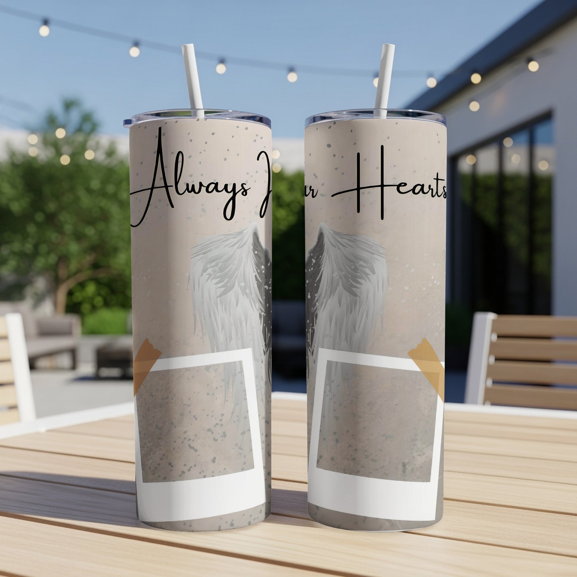 Two tumblers with angel wings and text "Always In Your Hearts".