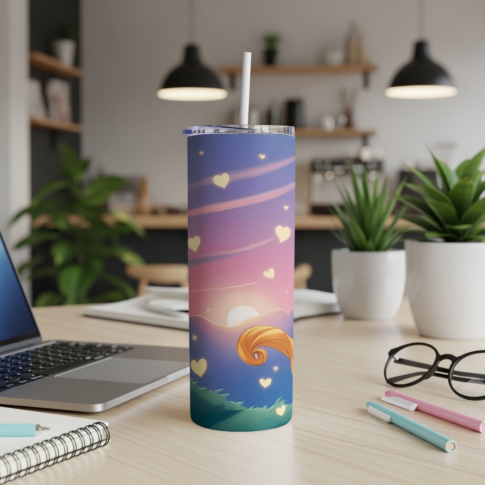 Purple gradient tumbler with sunset, hearts, and blonde hair illustration.