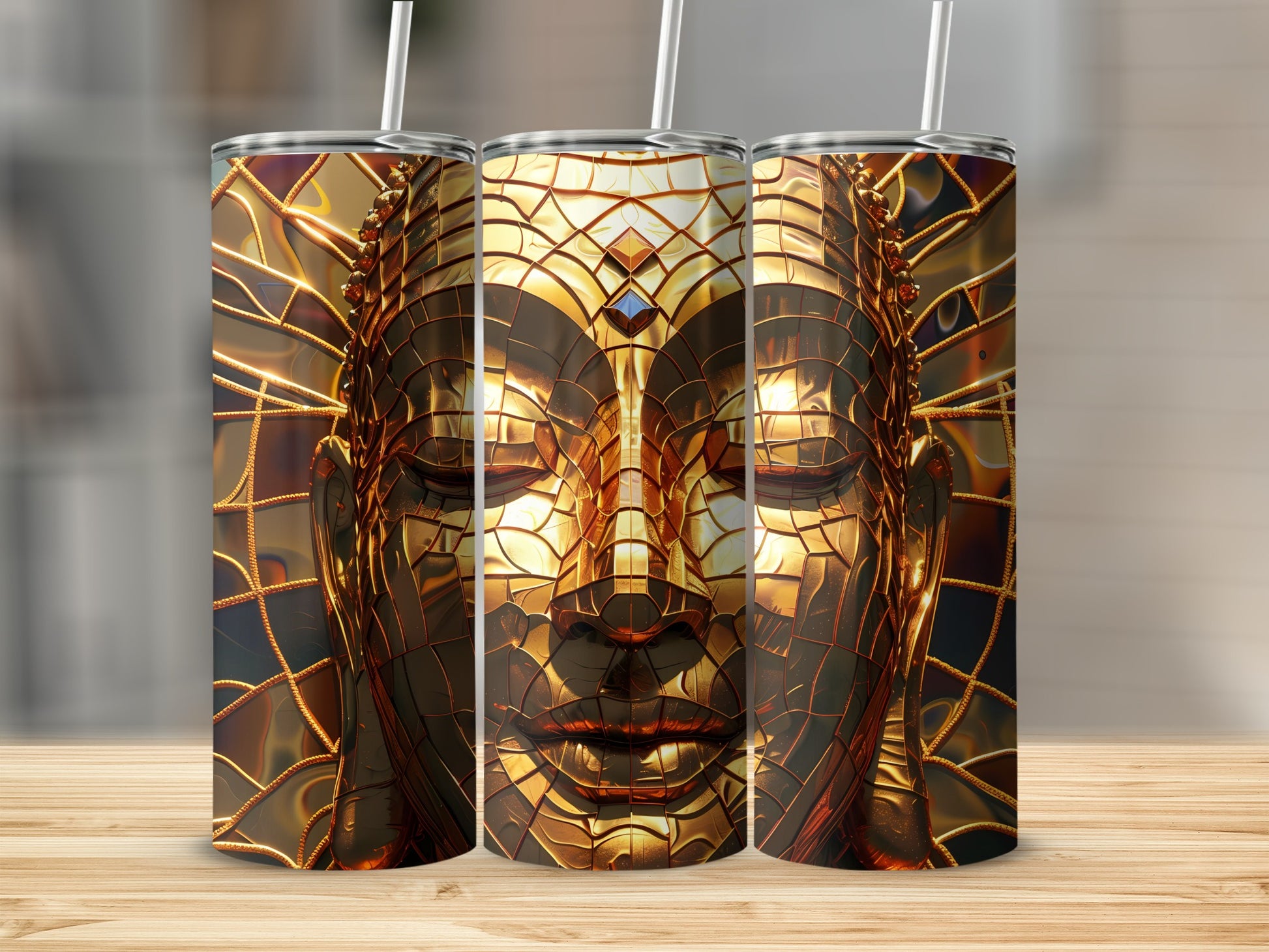 Three gold Buddha face tumblers with straws on a wooden surface.