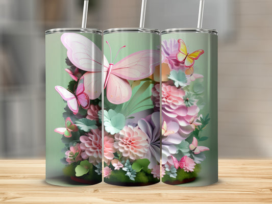 Three tumblers with pink butterflies and flowers on a green background.