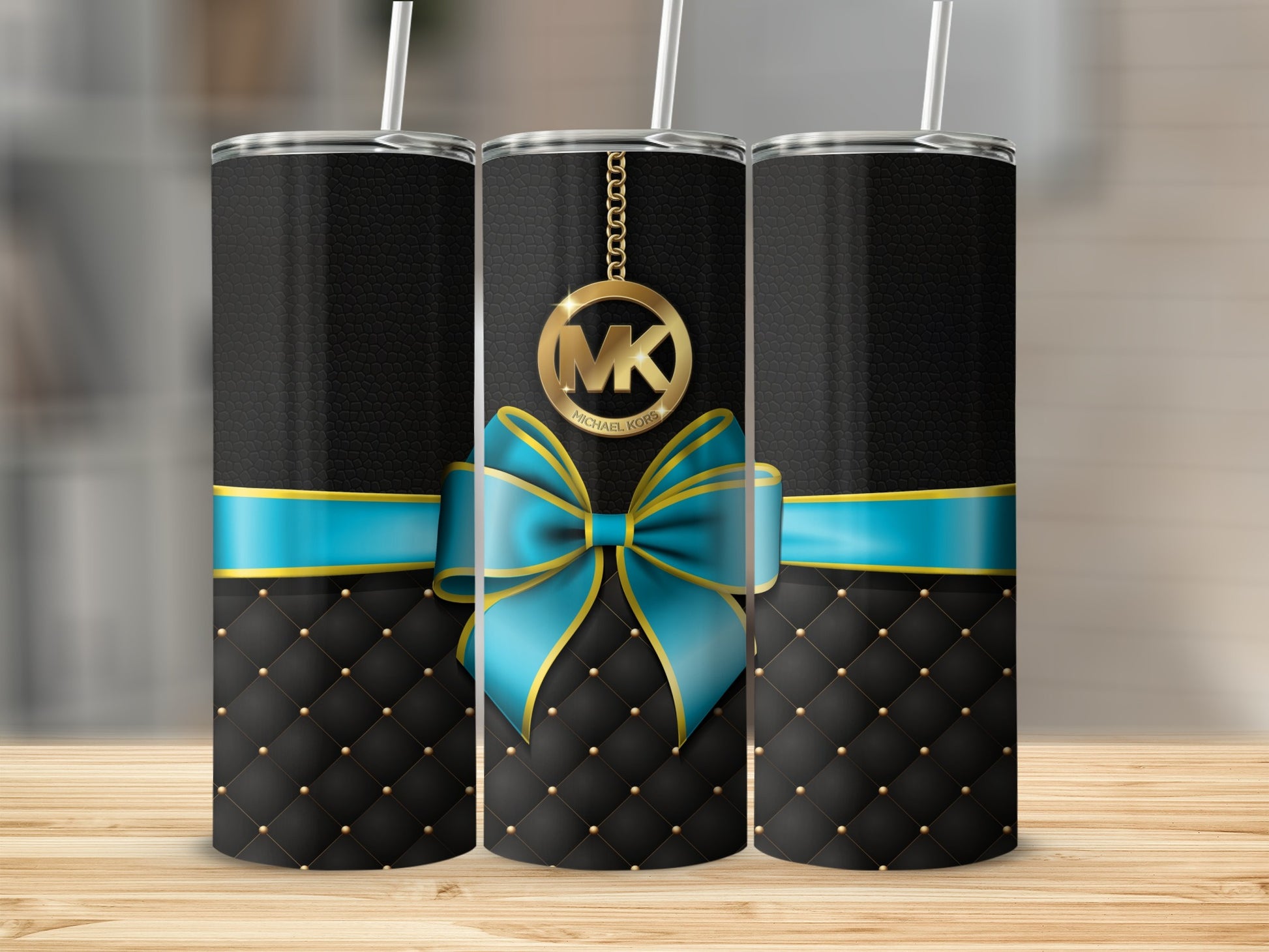 Elegant Black and Blue Ribbon Tumbler with Gold Accent