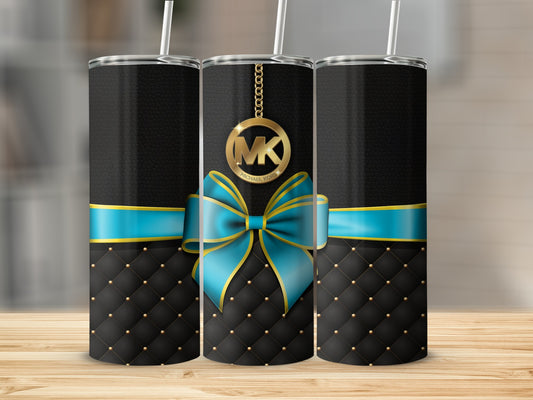 Elegant Black and Blue Ribbon Tumbler with Gold Accent