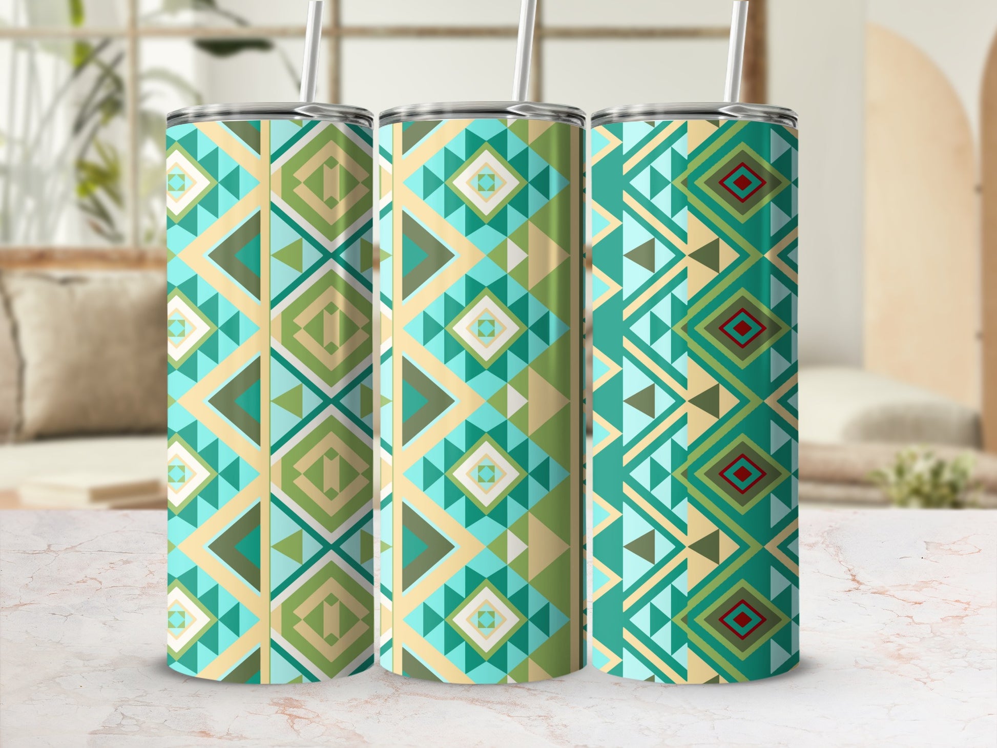 Colorful Geometric Patterned Insulated Tumbler Set