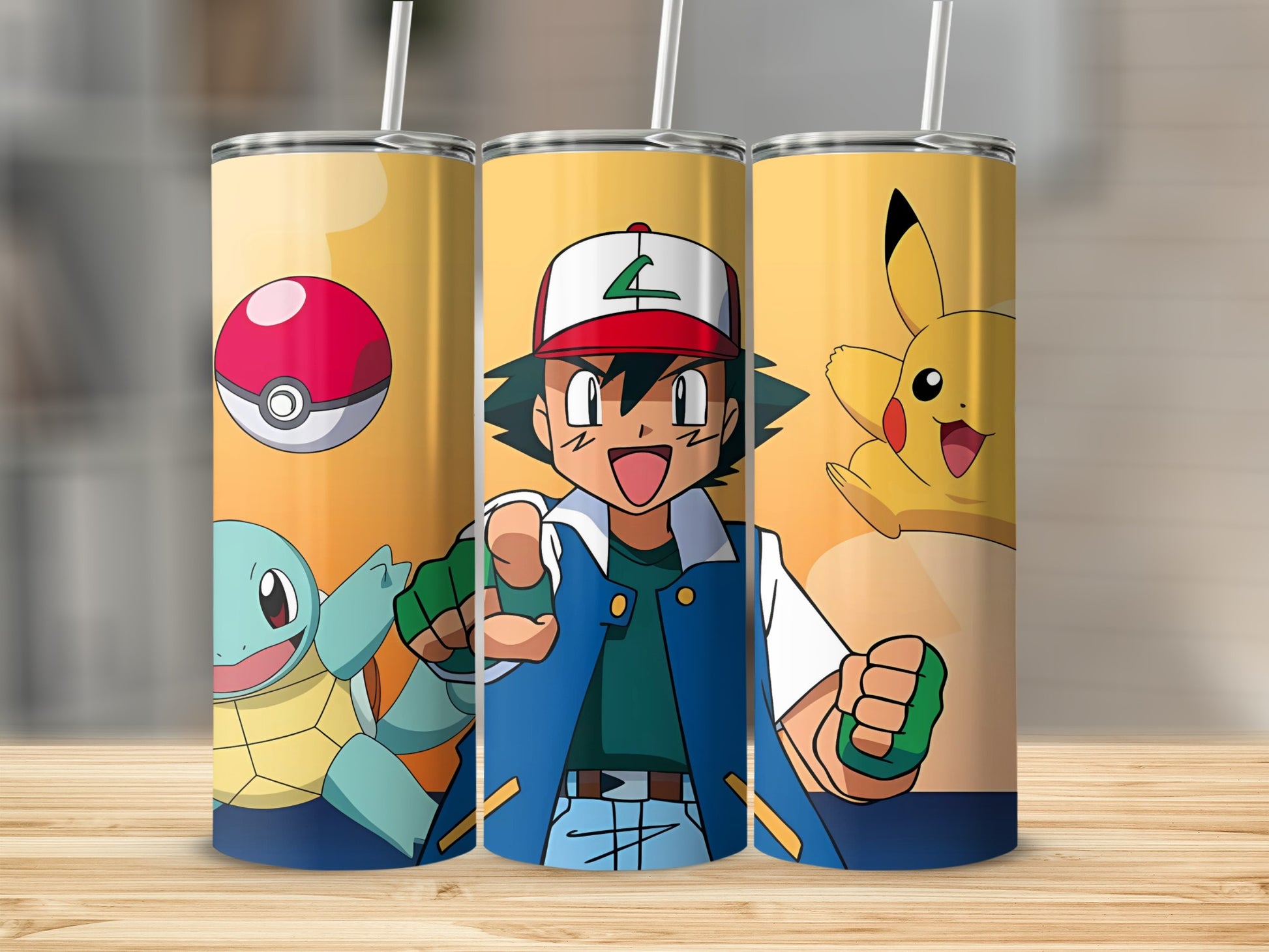 Pokeball Ash Pikachu Squirtle Anime Character Tumblers